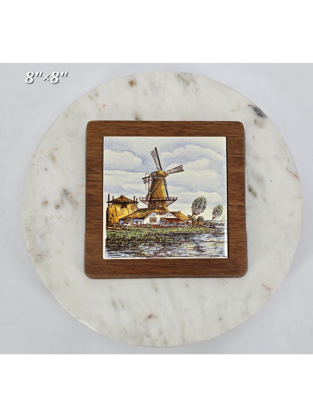 Vintage Cottagecore Ceramic‎ Tile Trivet | Windmill Scene | Wood Frame | 8"x8"